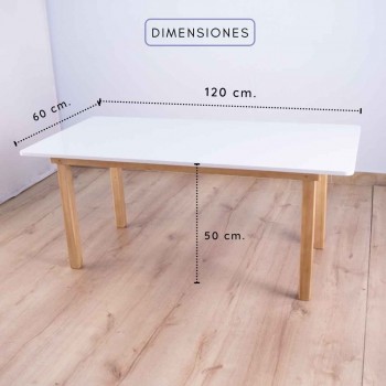 Mesa preescolar + 6 sillas en madera (120 x 60 cm.) Blanca 2