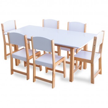 Mesa preescolar + 6 sillas en madera (120 x 60 cm.) Blanca