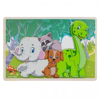Rompecabezas alto relieve - Dinosaurio, perro, mapache y...