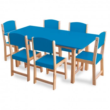 Mesa preescolar + 6 sillas en madera (120 x 60 cm.) Azul