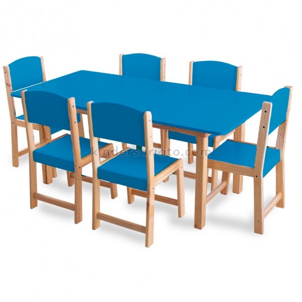 Mesa preescolar + 6 sillas en madera - color azul