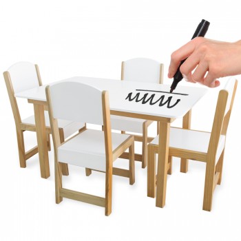 Mesa preescolar + 4 sillas en madera (90 x 60 cm.) Blanca
