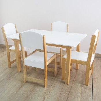 Mesa preescolar + 4 sillas en madera (90 x 60 cm.) Blanca 2