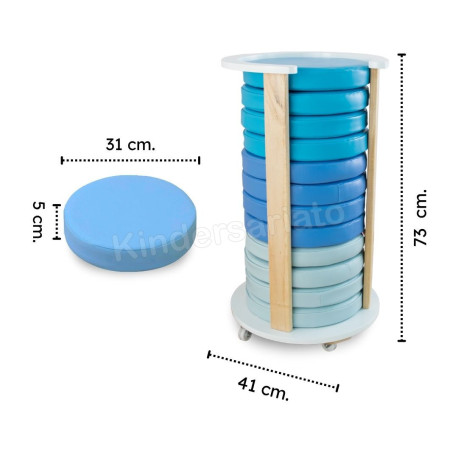 Porta-pouffes de madera con 12 Pouffes Acolchados