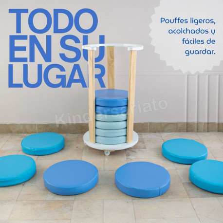 Porta-pouffes de madera con 12 Pouffes Acolchados