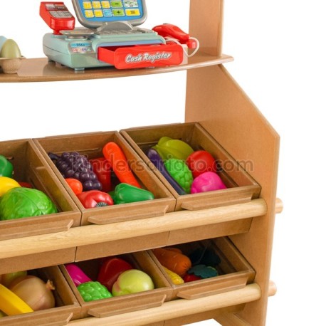 Tienda de compras en madera - Incluye frutas, vegetales, huevos y panes