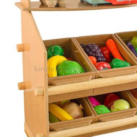 Tienda de compras en madera - Incluye frutas, vegetales, huevos y panes