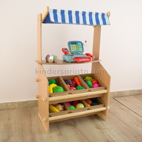 Tienda de compras en madera - Incluye frutas, vegetales, huevos y panes