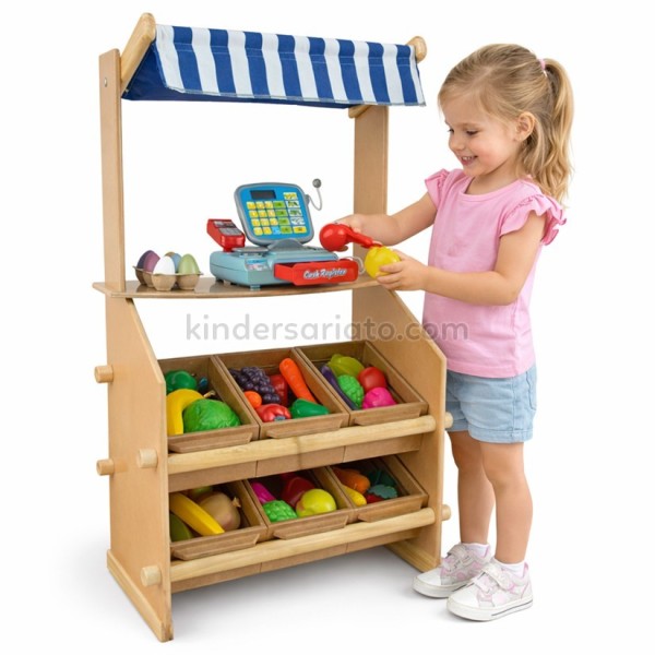 Tienda de compras en madera - Incluye frutas, vegetales, huevos y panes