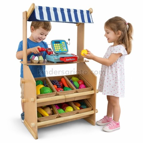 Tienda de compras en madera - Incluye frutas, vegetales, huevos y panes