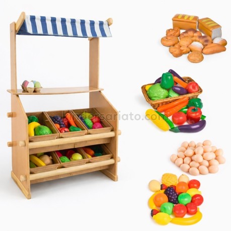 Tienda de compras en madera - Incluye frutas, vegetales, huevos y panes
